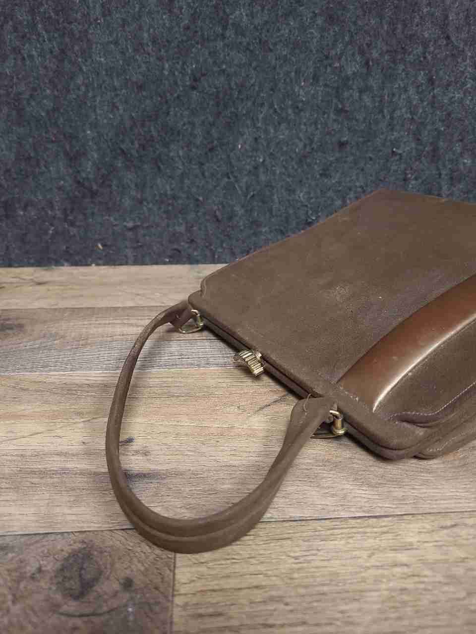 Vintage 1950s Brown Suede Leather Stripe Top Handle Frame Bag Handbag
