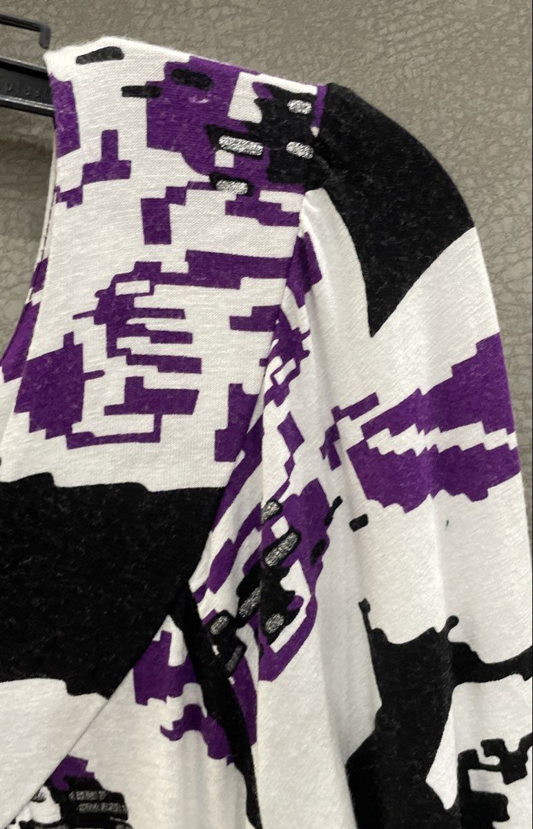 BCBG Max Azria Women's Purple Black White Abstract Floral Tunic Top Size L