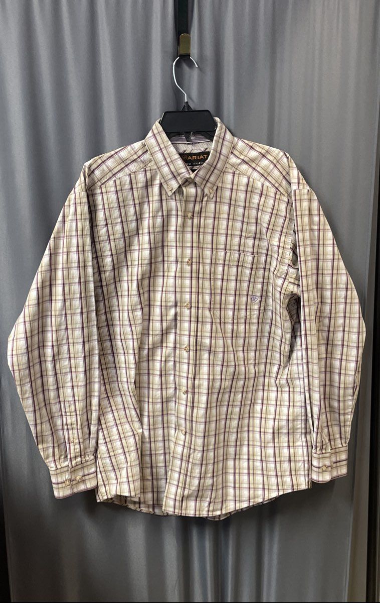 Ariat Men's Pro Series Plaid Button Down Shirt Tan Red White Sz Large
