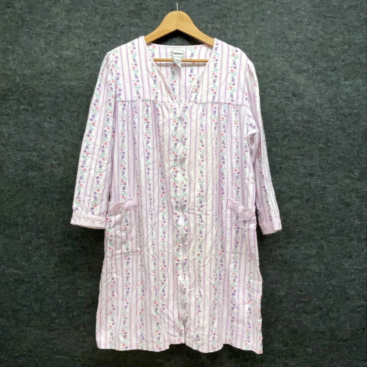 Bobbie Brooks Women's Purple Floral Striped Cotton Zip Front Nightgown L 14/16