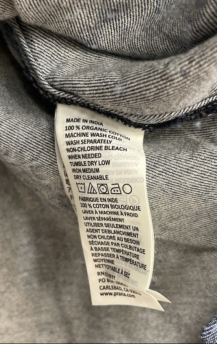 Prana Women's Blue Washed Out Denim Shirt Geometric Print Organic Cotton Sz L