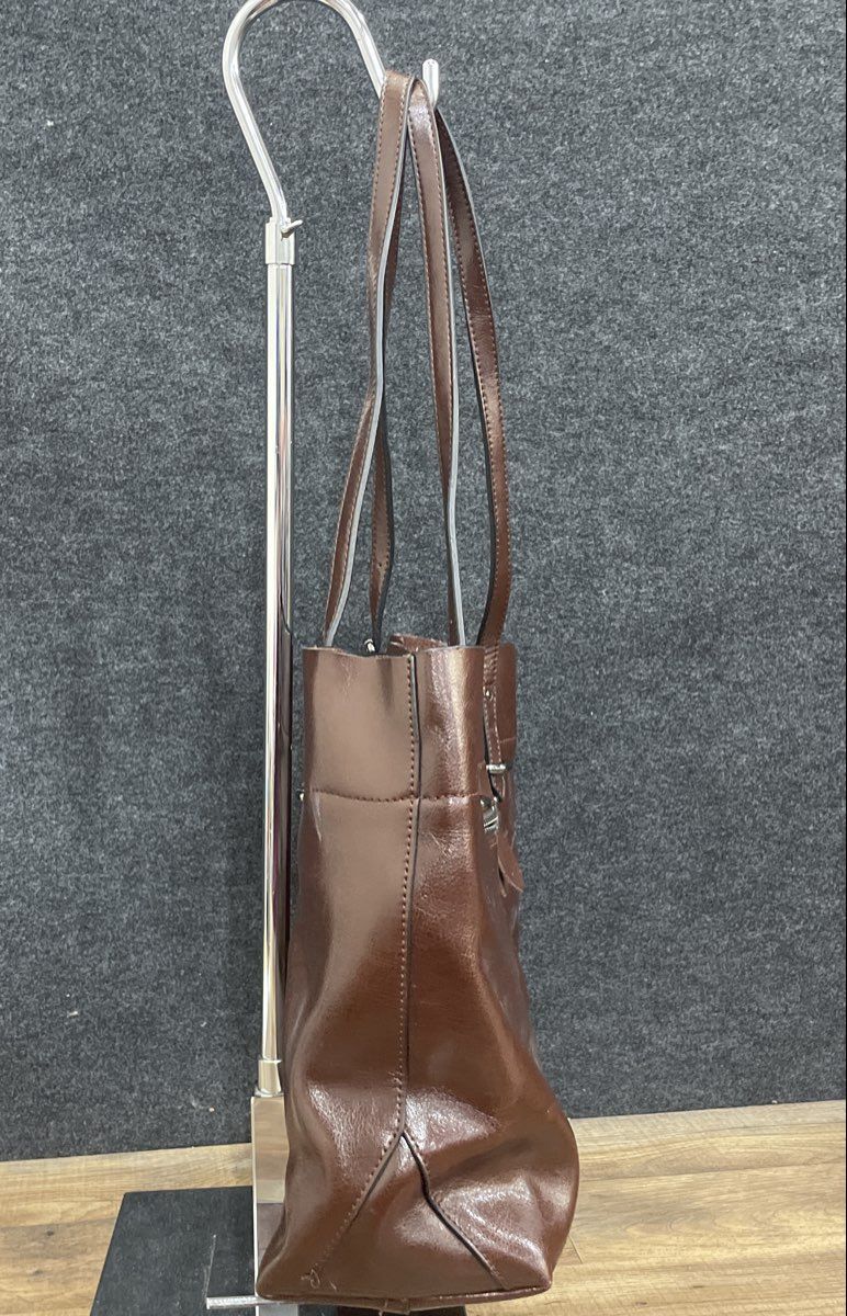 FZone Brown Leather Large Tote Shoulder Bag Silver Hardware Pocket