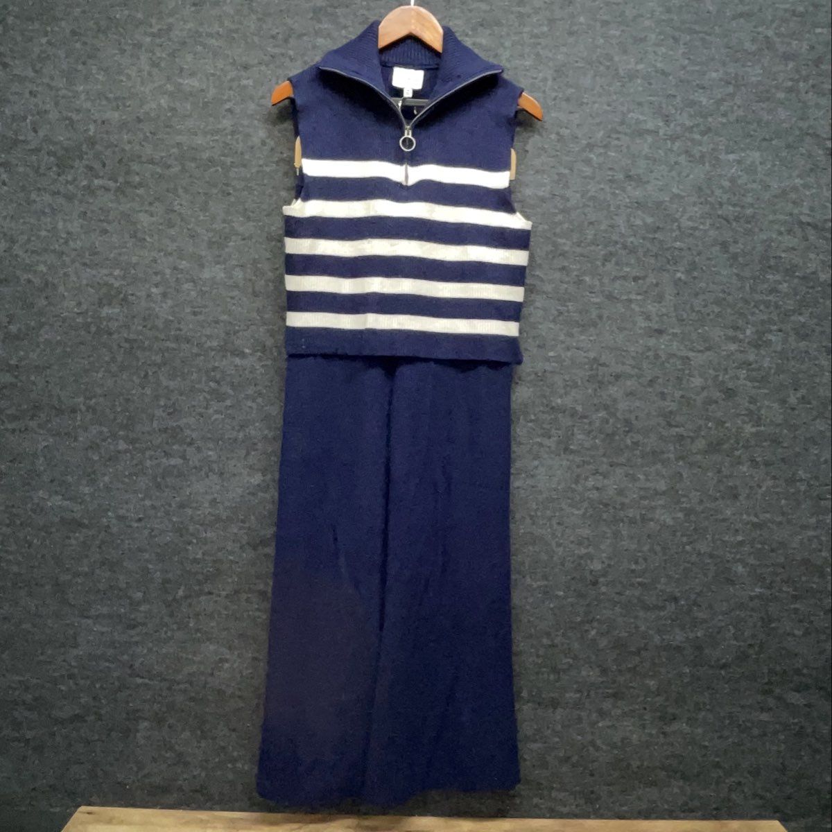 Pink Rose Women's Navy Blue Striped 1/4 Zip Sweater Vest Wide Leg Pant Set Sz M