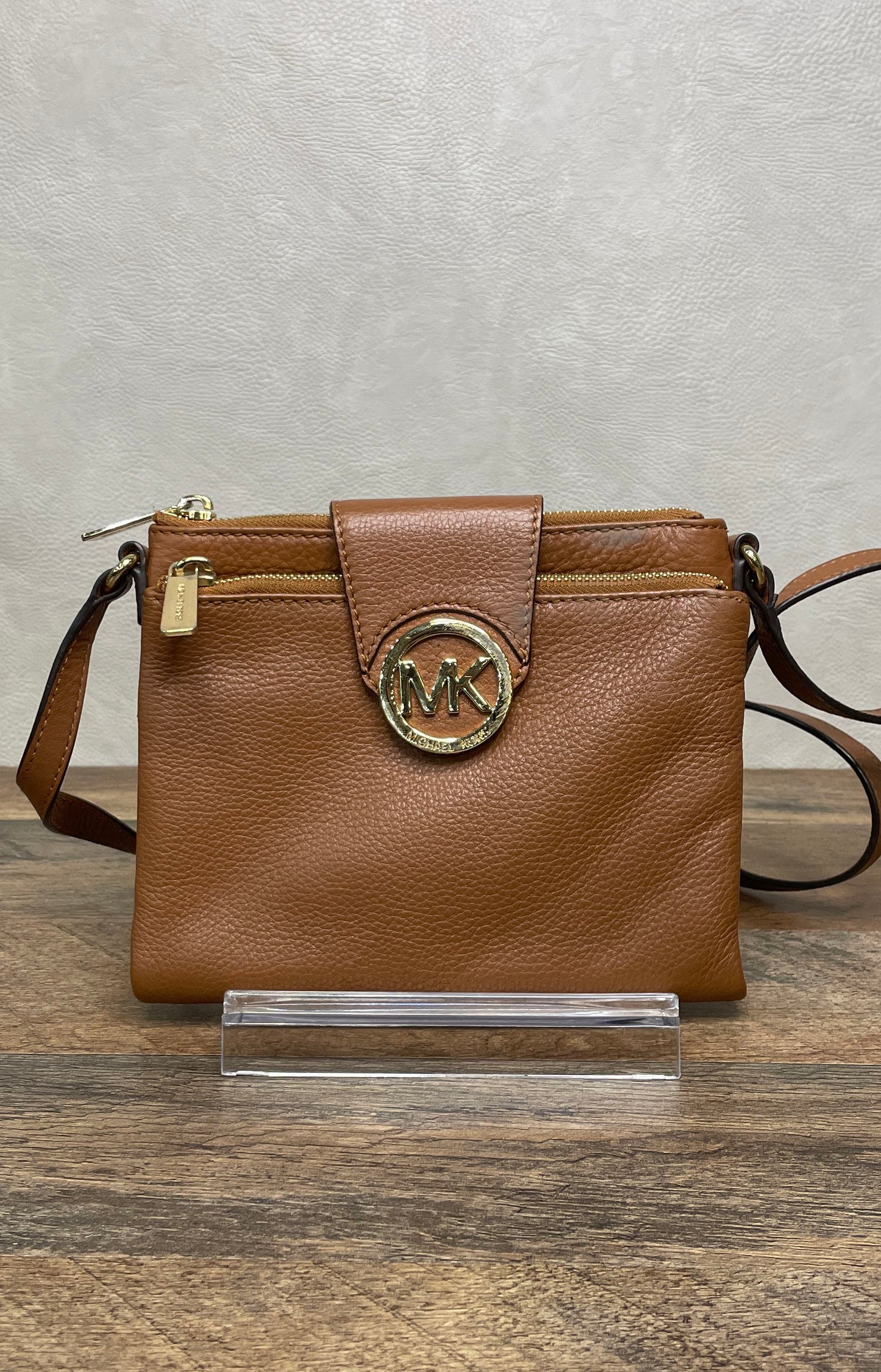 Michael Kors Brown Pebbled Leather Fulton Crossbody Wallet Bag Gold Hardware