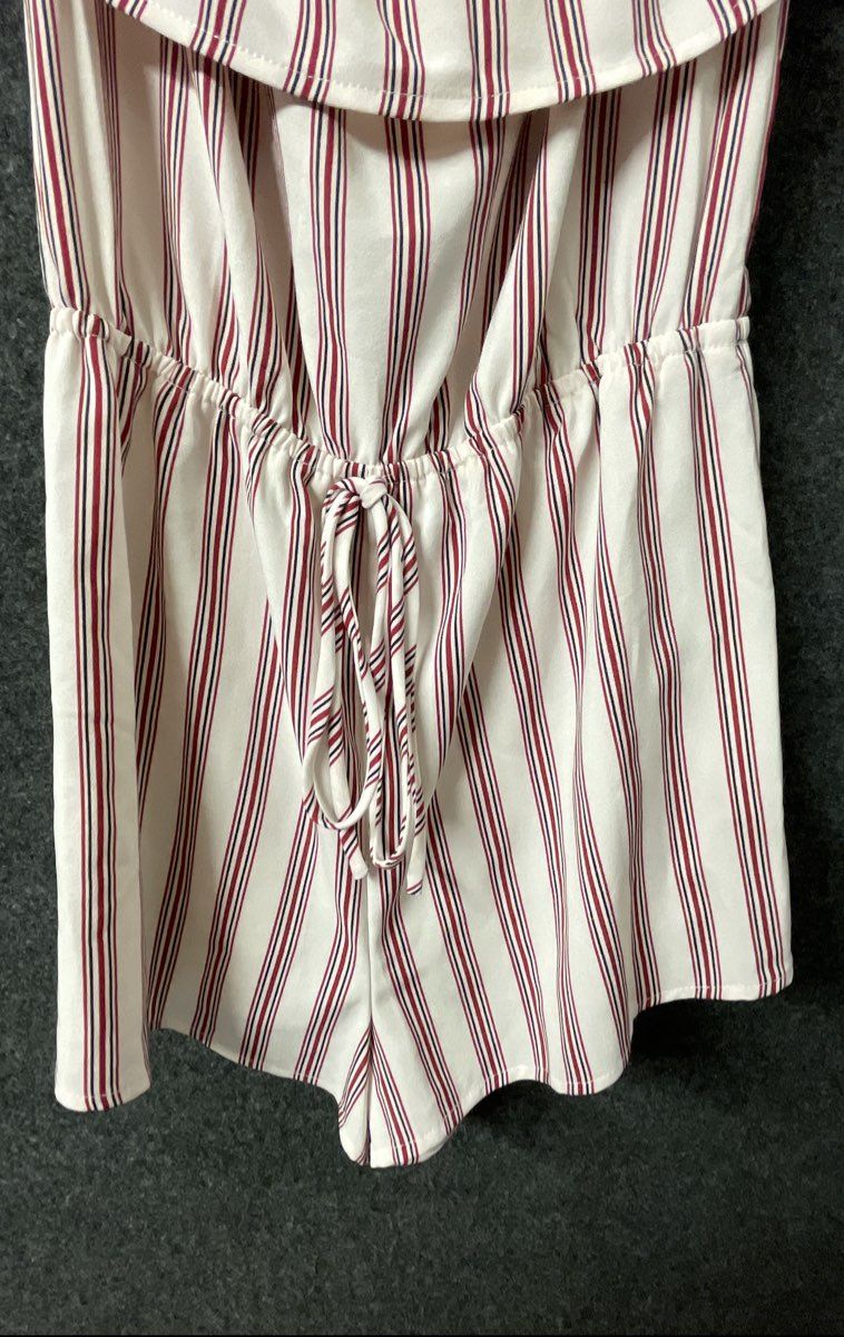 Forever 21 Women's Romper White Red Stripe Off Shoulder Ruffle Size S