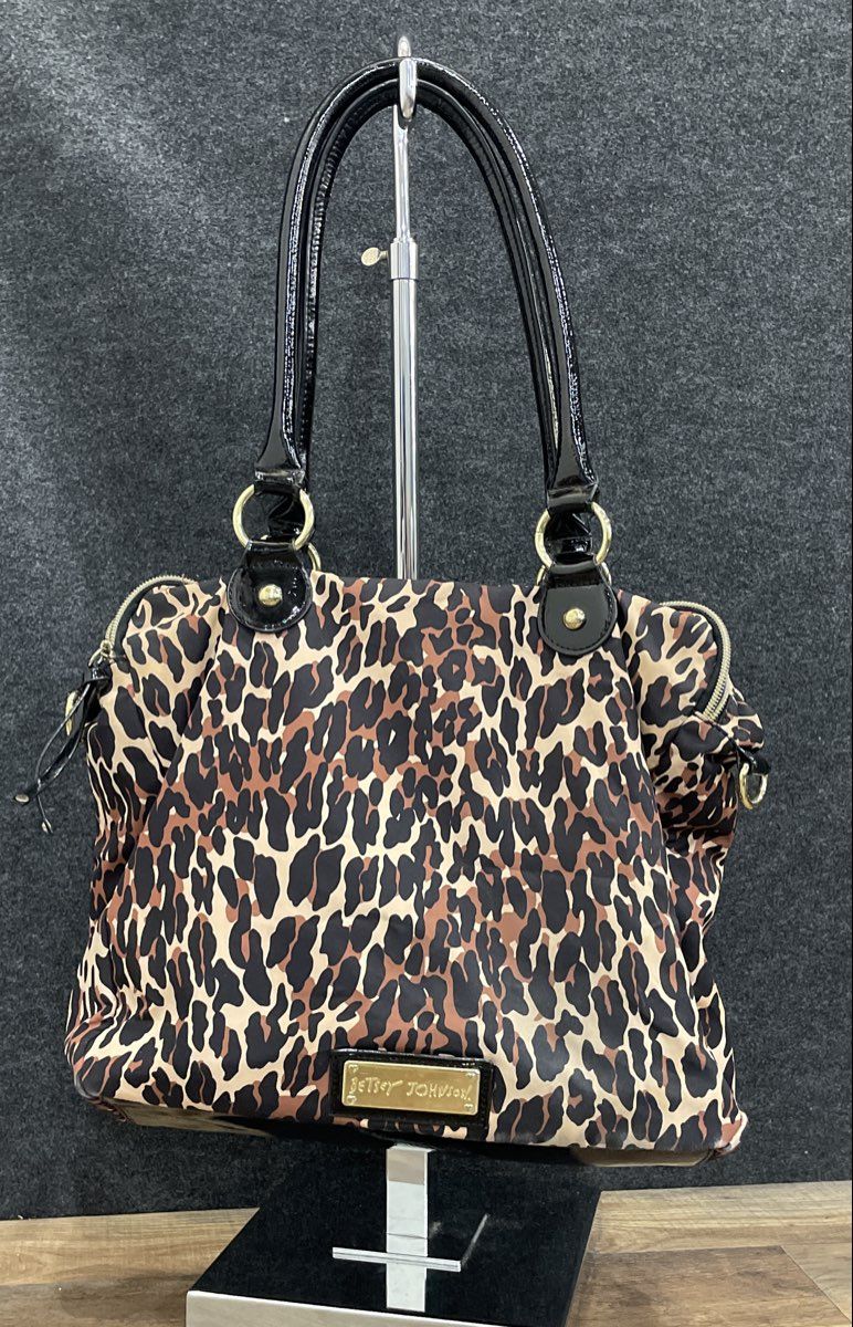 Betsey Johnson Cheetah Print Fabric Satchel Tote Bag Multi-Pocket Gold Hardware