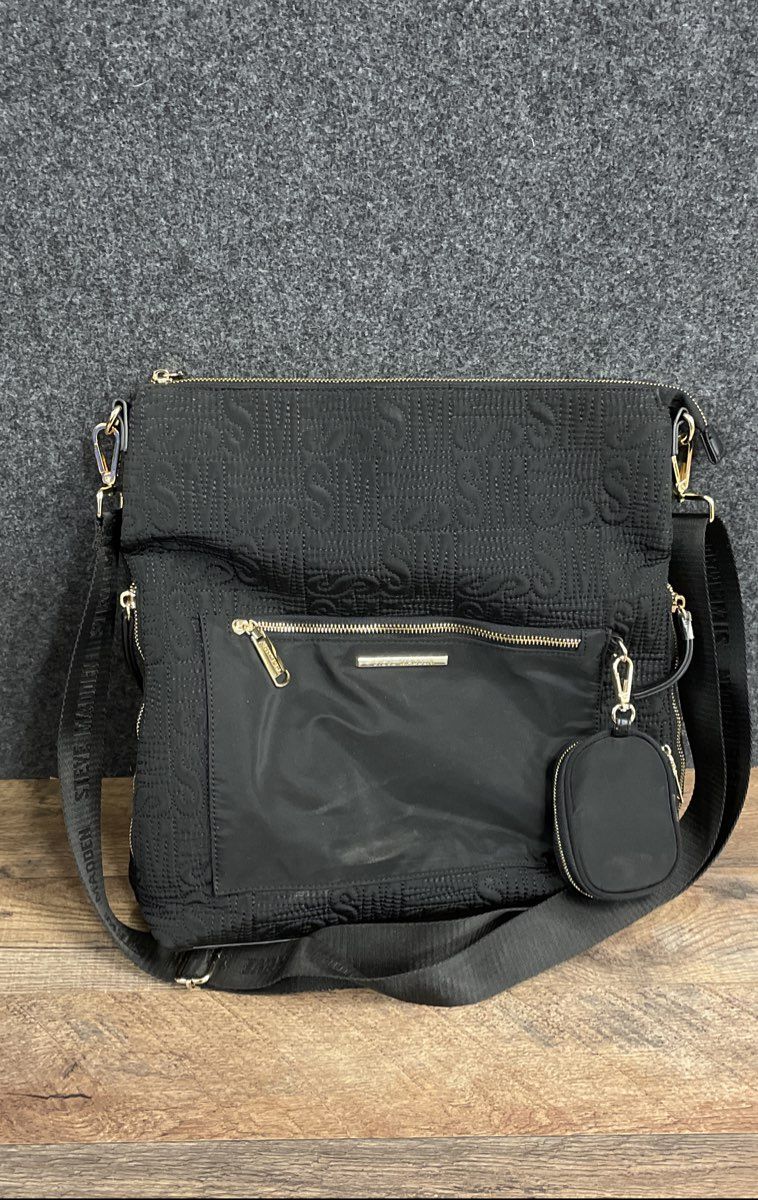 Steve Madden Black Quilted SM Monogram Crossbody Bag Gold Hardware With Pouch