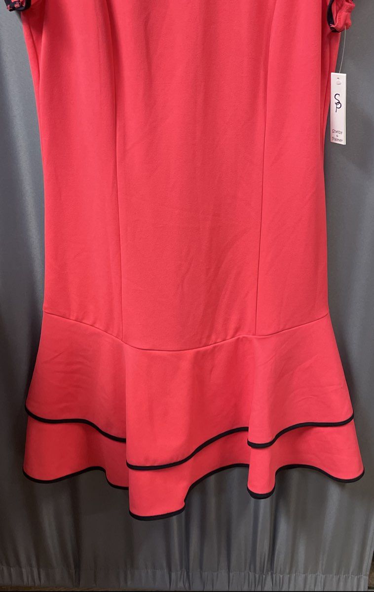 Shelby & Palmer Women's Grapefruit Pink Navy Tiered Ruffle Dress NWT Size 16