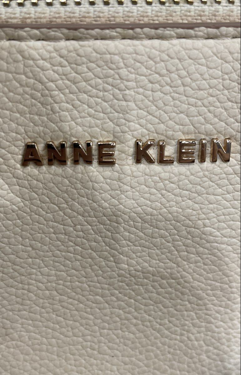 Anne Klein White Pebbled Leather Monogram Strap Shoulder Bag Gold Hardware