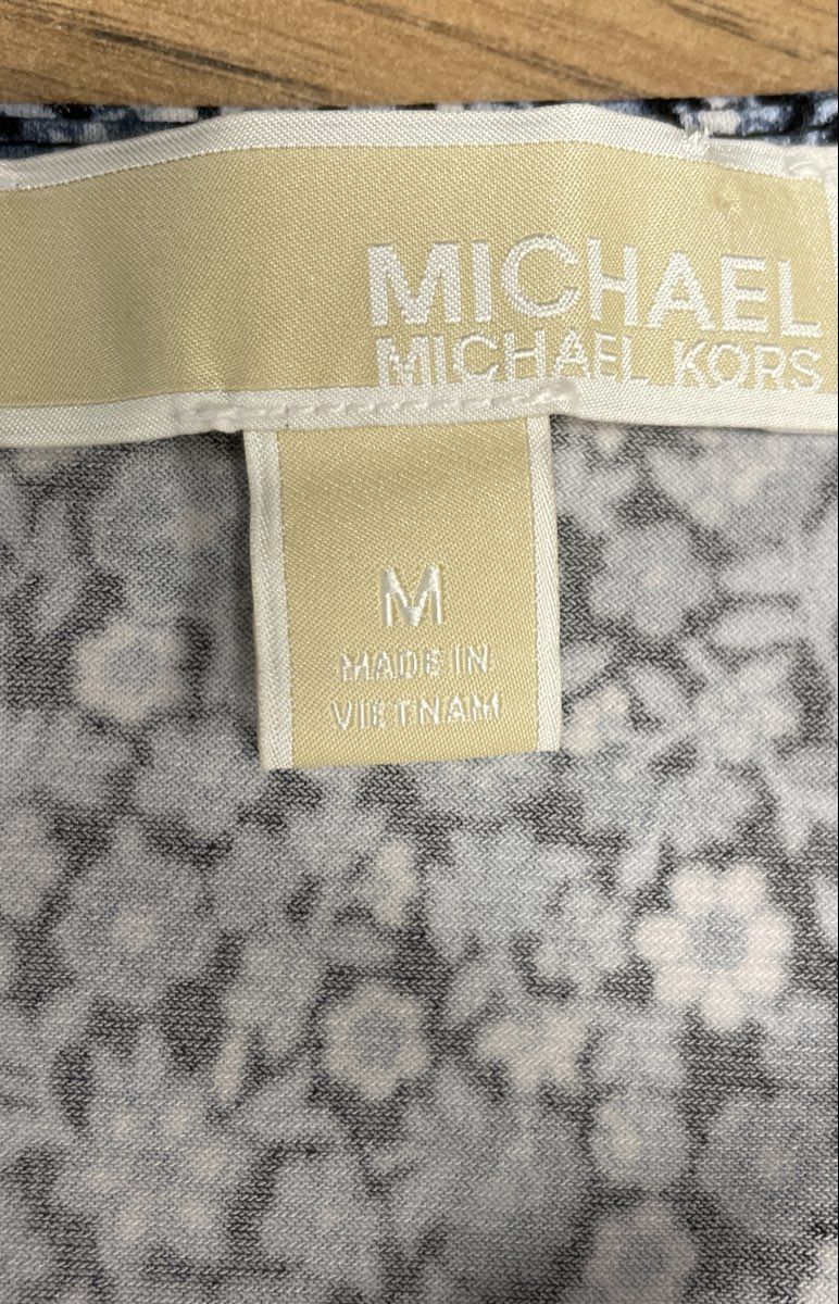 Michael Kors Women's Blue White Floral Faux Wrap Ruffle Hem Short Sleeve Dress M