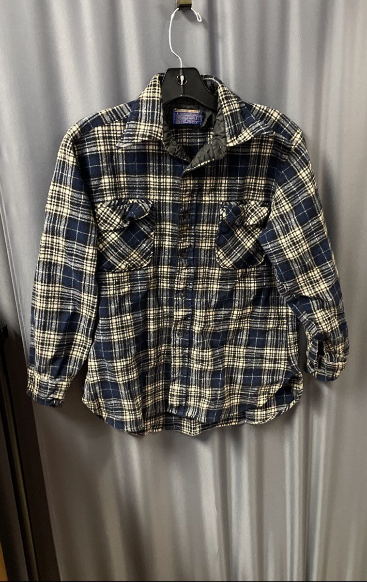 Vintage 70s Pendleton Men's Blue Cream Plaid Wool Board Shirt Made in USA Sz L