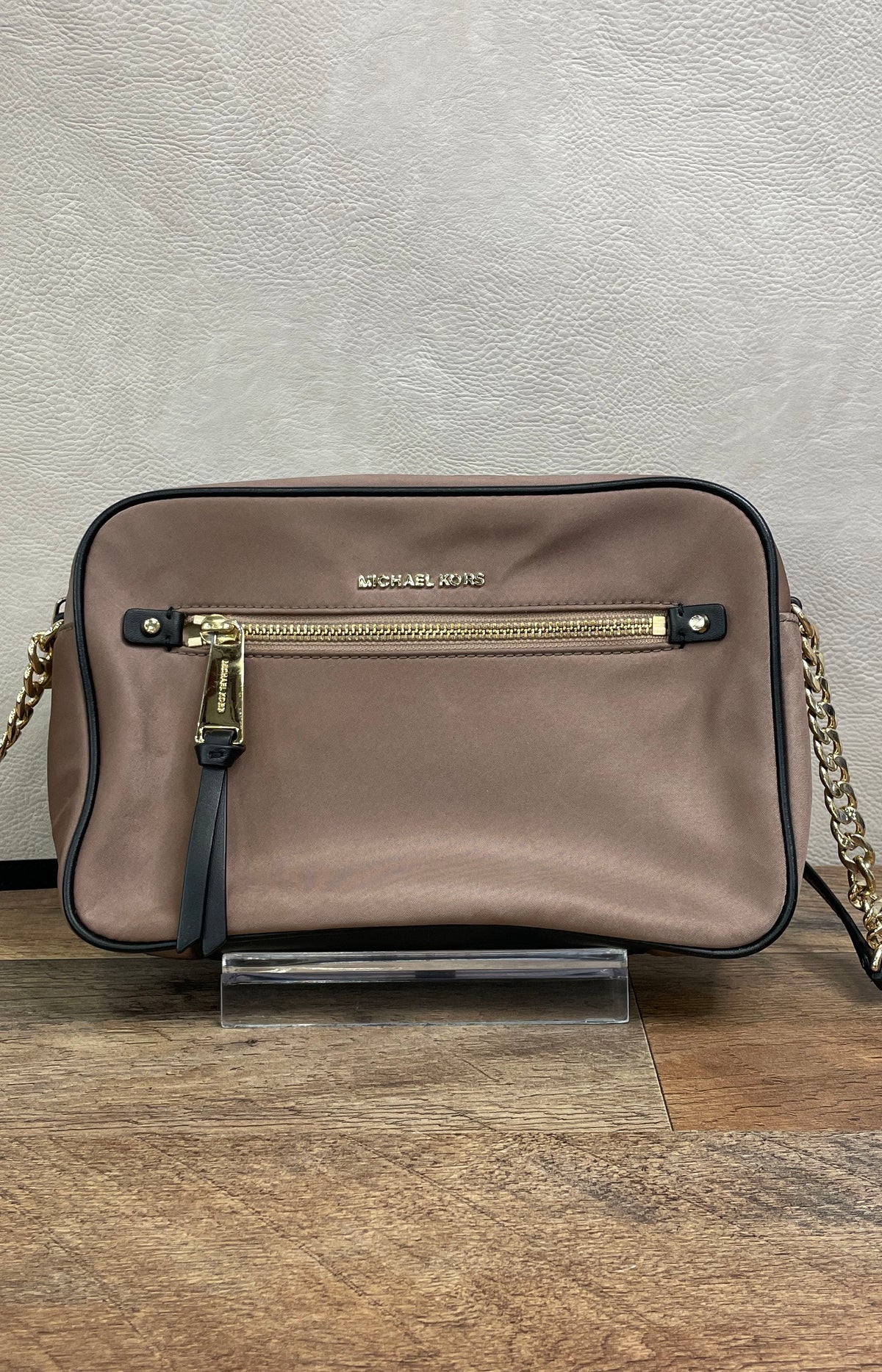 Michael Kors Brown Nylon Chain Camera Crossbody Bag Gold Hardware