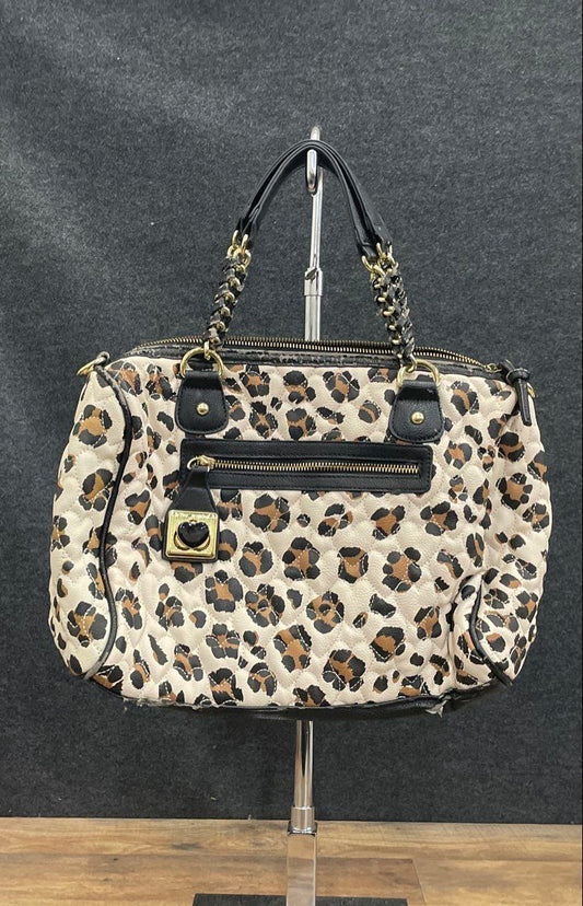 Betsey Johnson White Leopard Print Quilted Satchel Handbag Gold Tone Hardware