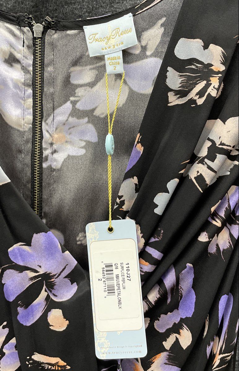 Tracy Reese Women's Surplice Peplum Dress Black Mauve Purple Floral NWT Sz 2