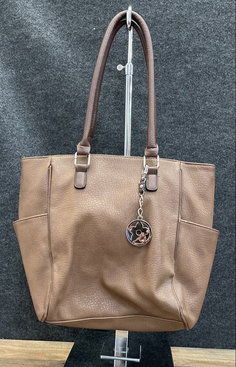 Bueno Brown Leather Tote Shoulder Bag with Silver Flower Charm