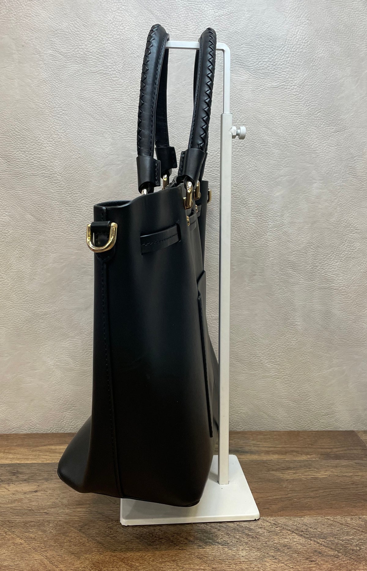 Michael Kors Black Leather Satchel Tote Bag Braided Handles Gold Hardware