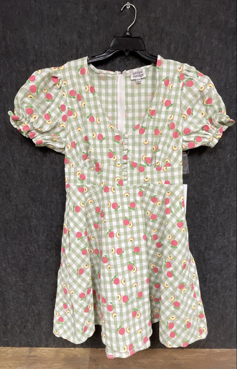 Unique Vintage Women's Green Peach Gingham Puff Sleeve A-Line Dress NWT Sz XL 14
