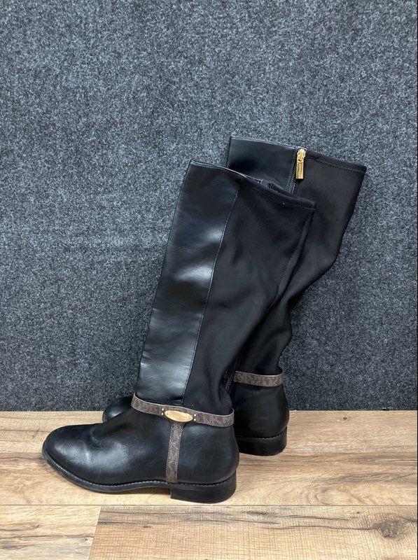 Michael Kors Black Mixed Media Tall Riding Boots MK Logo Strap Women's Size 9M