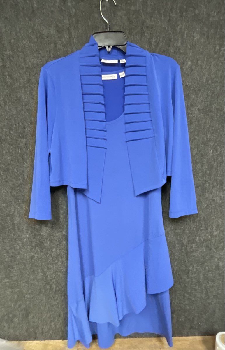 Susan Graver Women's Royal Blue 2 Piece Ruffle Dress & Pleated Jacket Set Sz XS