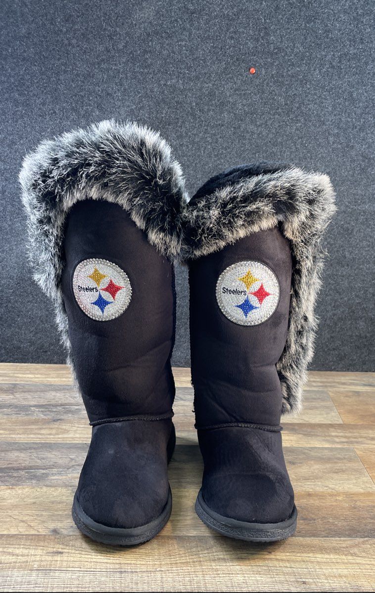 Cuce NFL Pittsburgh Steelers Black Rhinestone Faux Fur Boots Women's Size 11