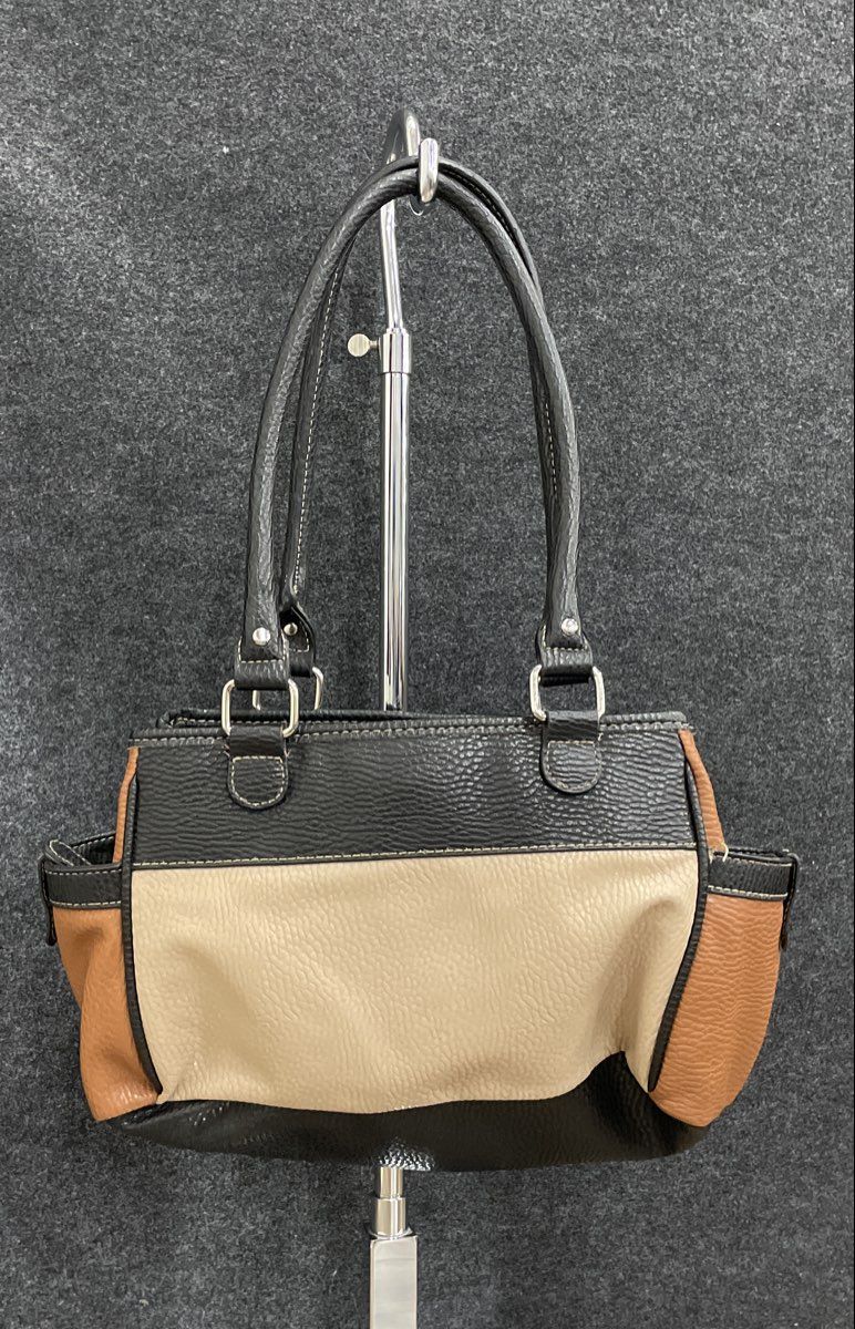 Tri-Color Black Brown Cream Leather Shoulder Bag Pebbled Purse Handbag