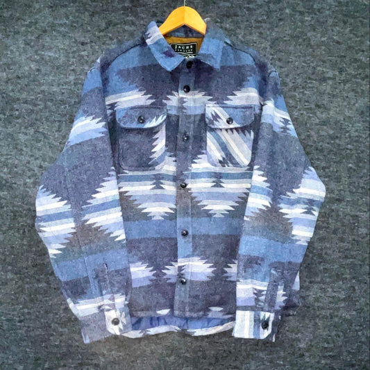 JACHS NY Aztec Southwestern Fleece Lined Shirt Jacket Shacket Blue Grey NWT Sz L