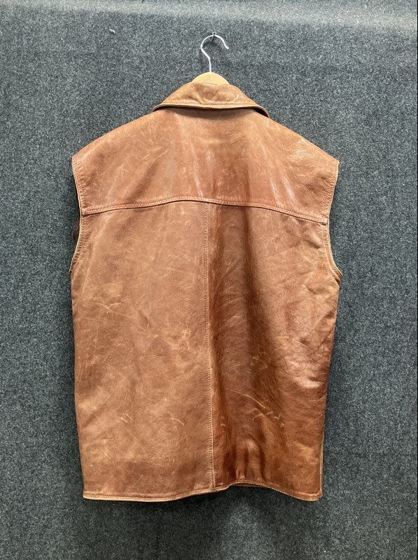 Just Leather Men's Tan Leather Vest Button Front Point Collar Vintage 90s Sz M