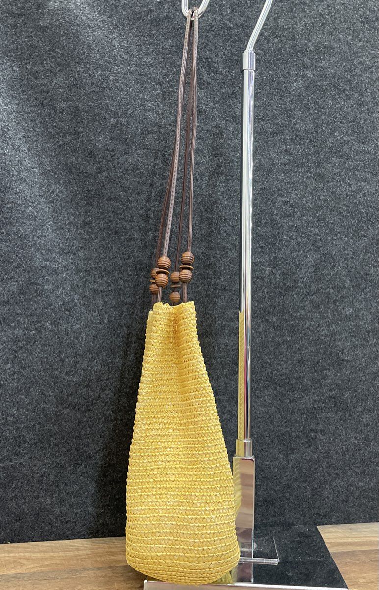 Unbranded Yellow 2000s Woven Straw Style Shoulder Bag Wooden Bead Tote