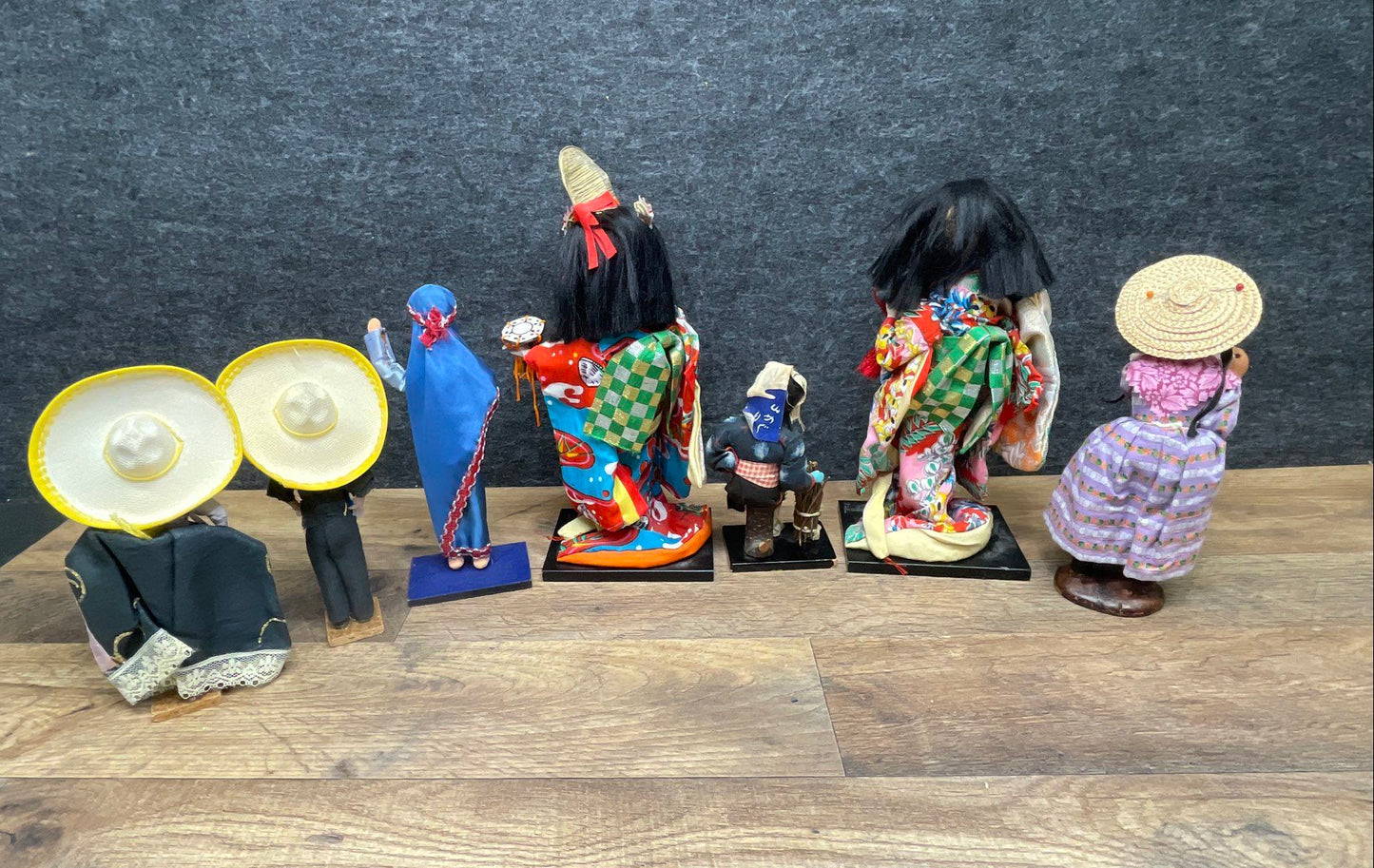 Vintage Lot of 7 International Dolls Japanese Geisha Mexico Souvenir Figurines