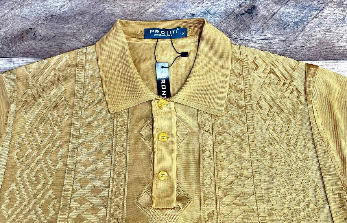 Pronti Men's Mustard Gold Geometric Knit Short Sleeve Polo Shirt Sz XL NWT