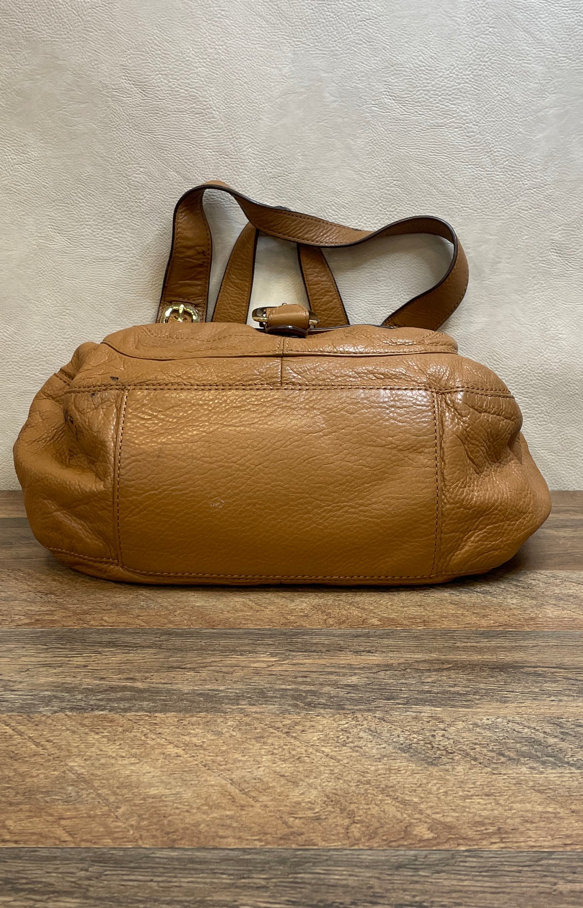 Michael Kors Tan Pebbled Leather Shoulder Bag Large Gold Buckle Detail