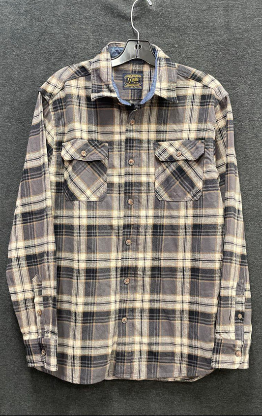Jachs Men's Heritage Flannel Shirt Gray Tan Black Plaid Long Sleeve L