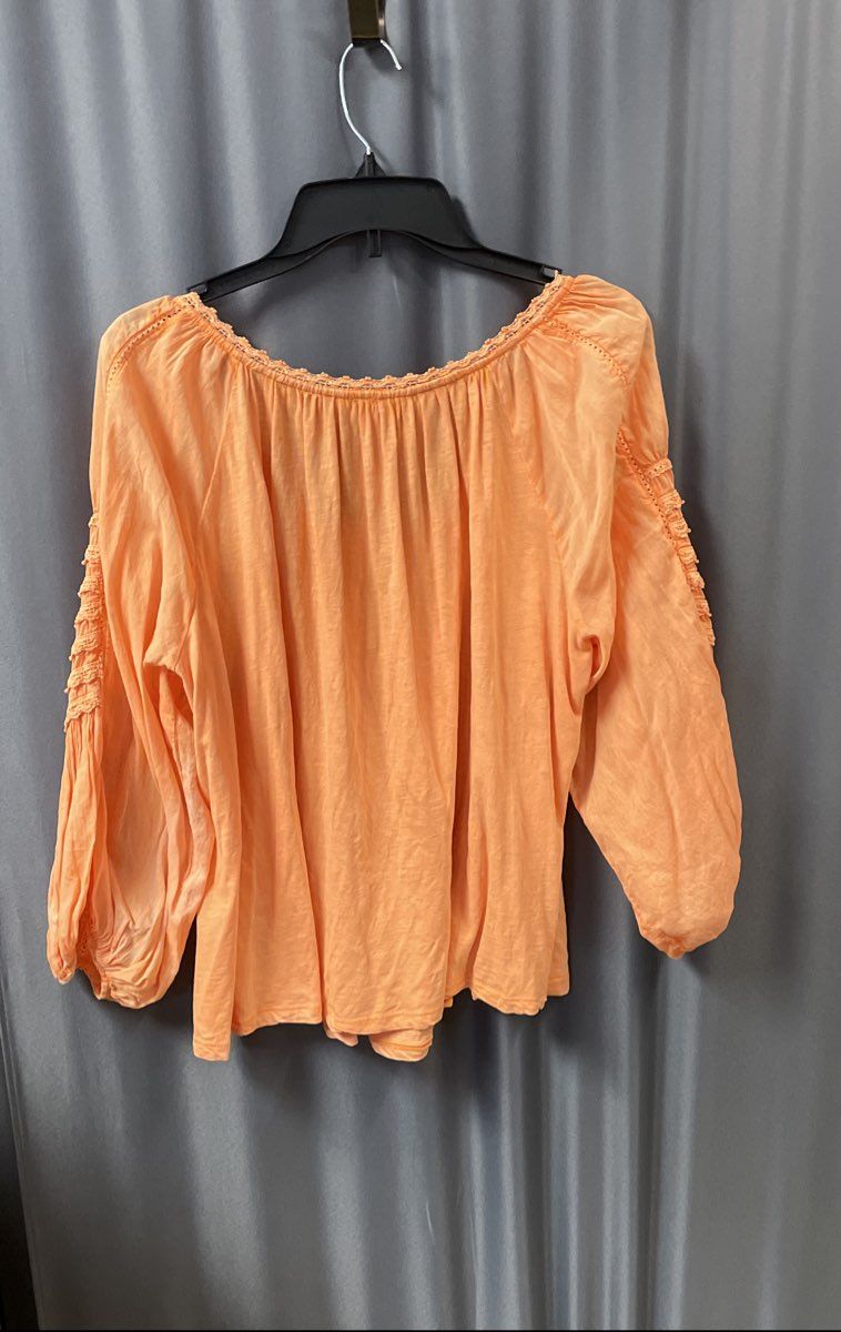 Anthropologie Women's Orange Cotton Peasant Blouse Tassel Smocked Sleeves Sz L
