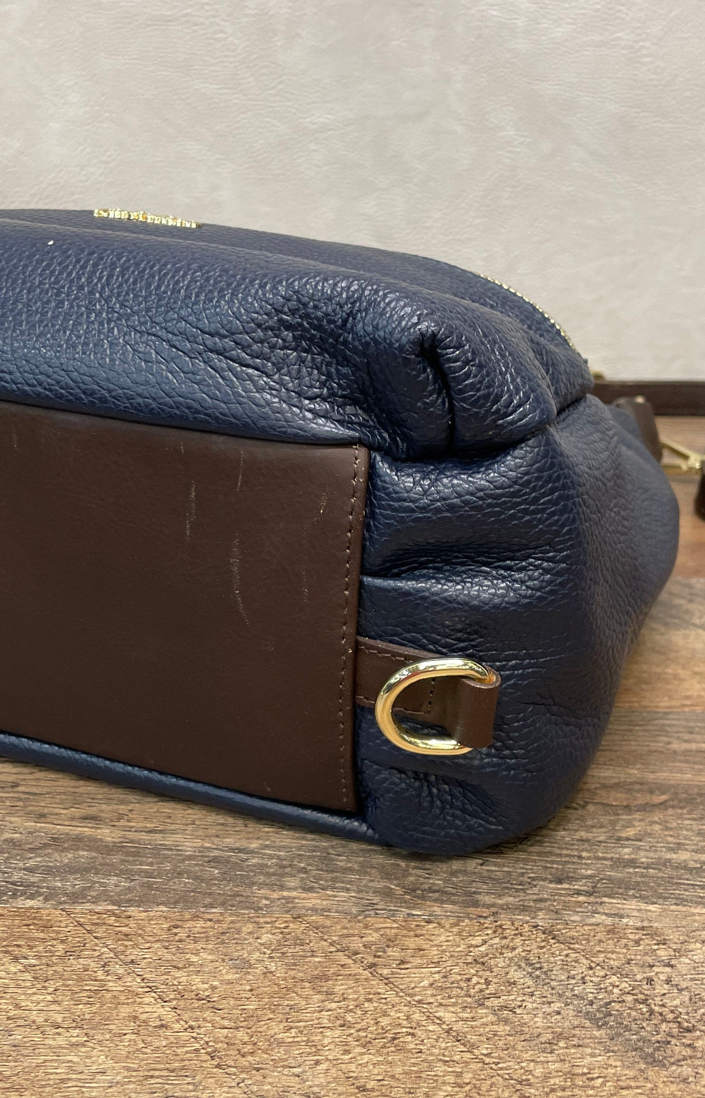 Valentina Navy Blue Pebbled Leather Shoulder Bag Gold Hardware Made in Italy
