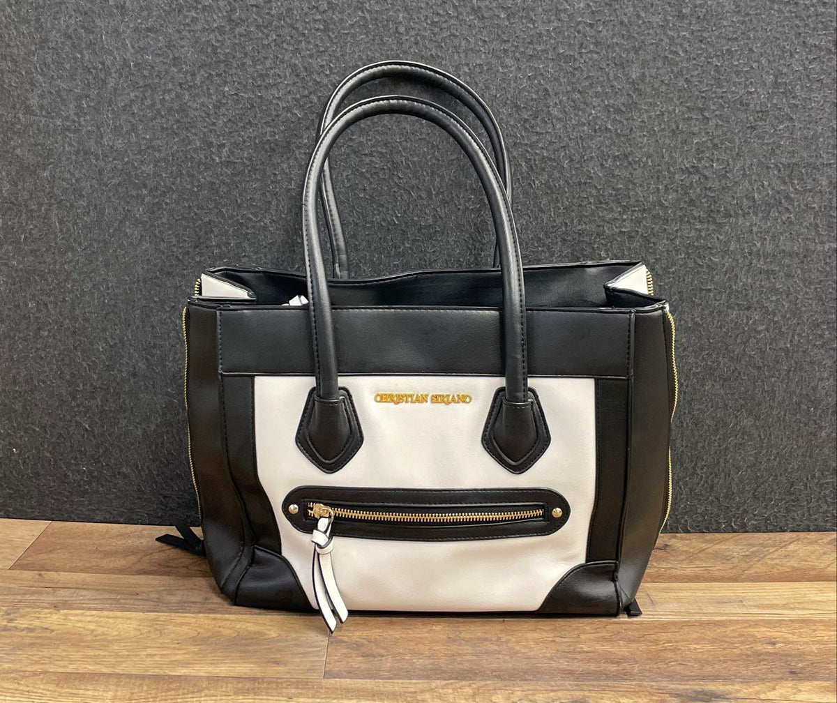 Christian Siriano Black White Faux Leather Tote Bag Large Gold Hardware
