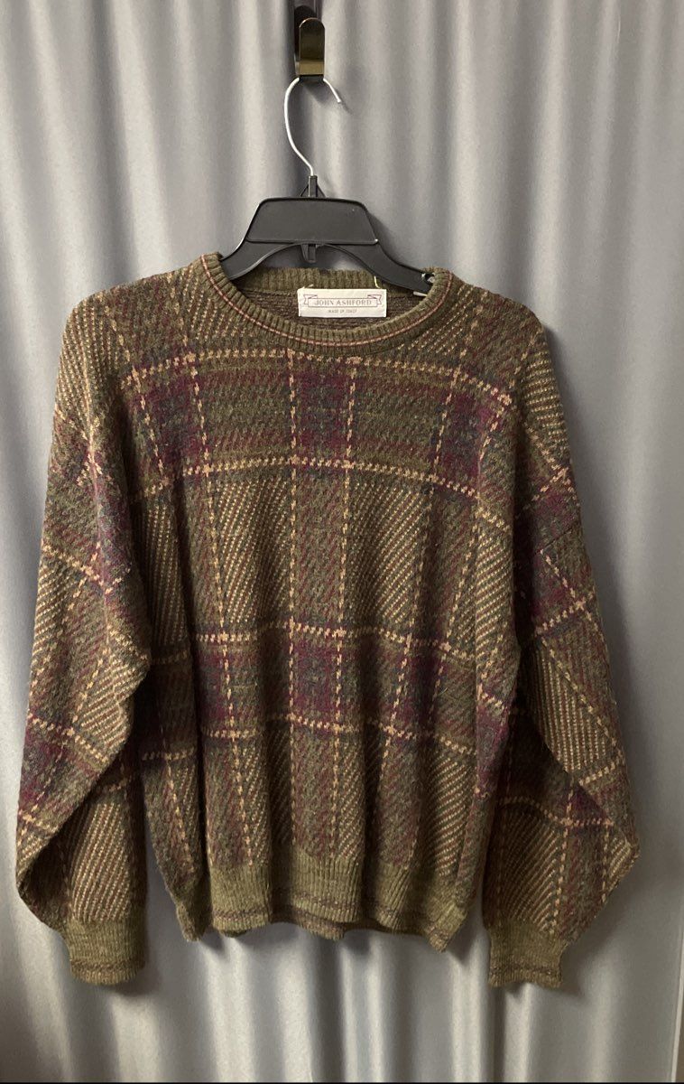 Vintage 90s John Ashford Men's Green Plaid Wool Blend Sweater Made Italy Sz L