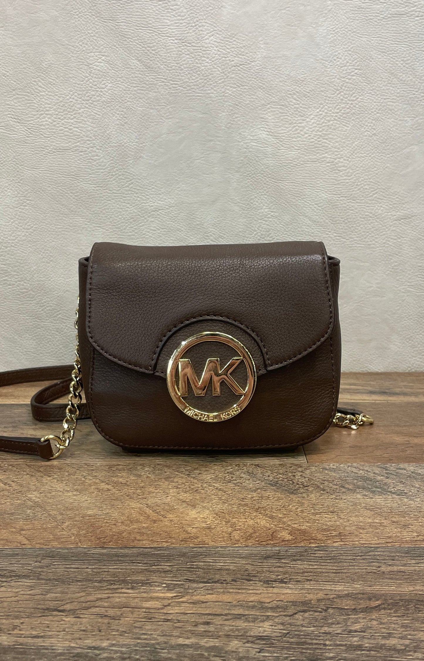 Michael Kors Brown Pebbled Leather Small Crossbody Bag Gold Logo Chain Strap