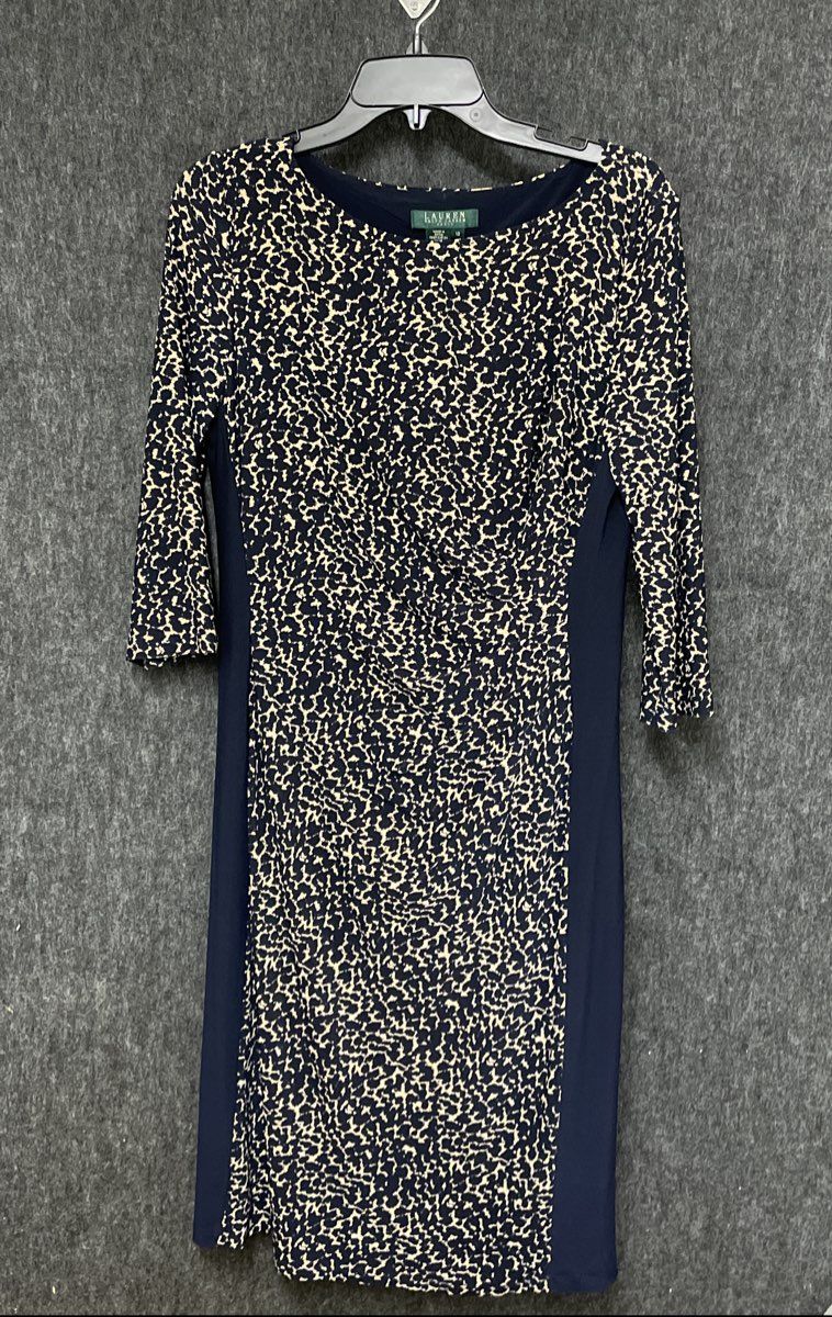 Lauren Ralph Lauren Women's Navy Beige Abstract Print Sheath Dress Sz 12