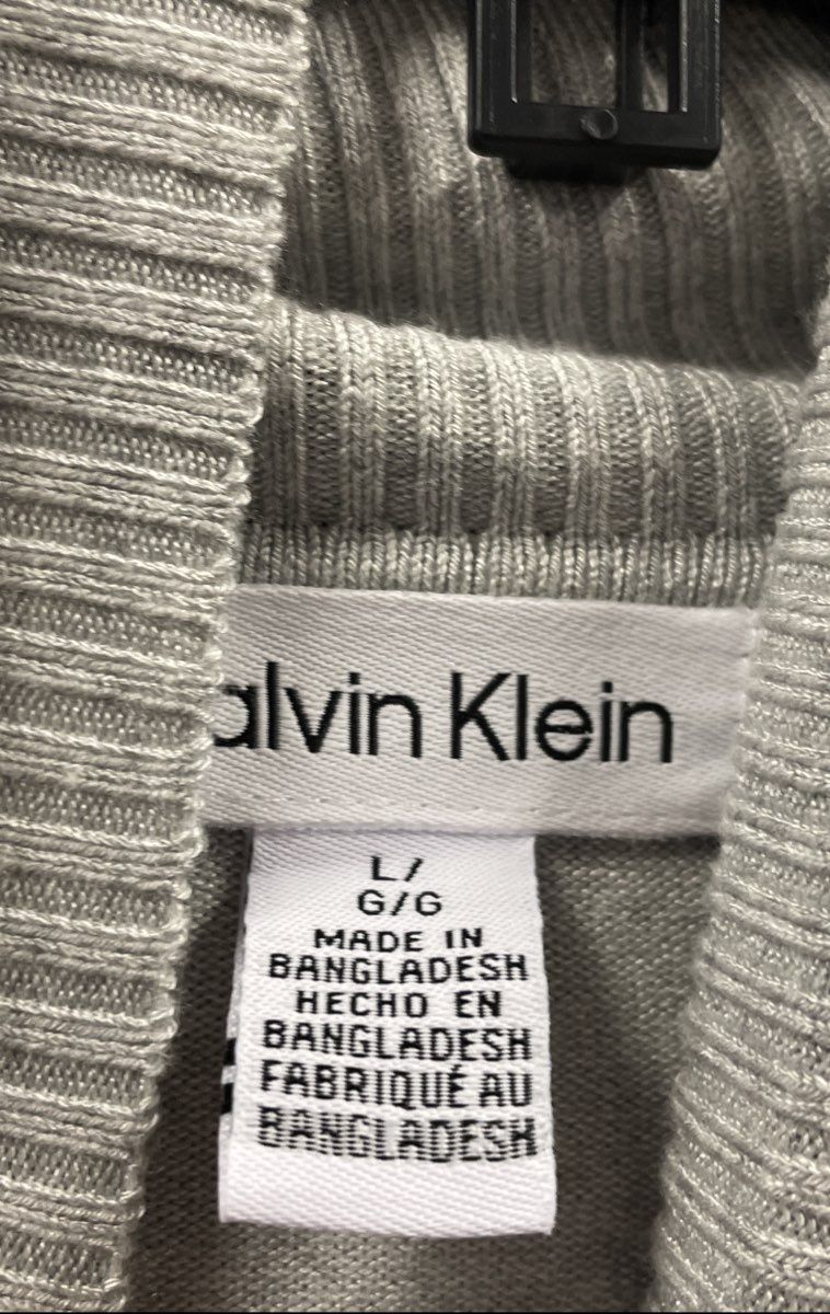Calvin Klein Women's Turtleneck Sweater Gray Cream Striped Fine Knit NWT Size L
