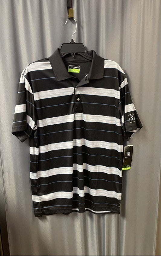 PGA Tour Men's Pro Series Golf Polo Shirt Caviar Black Gray Striped Sz L NWT