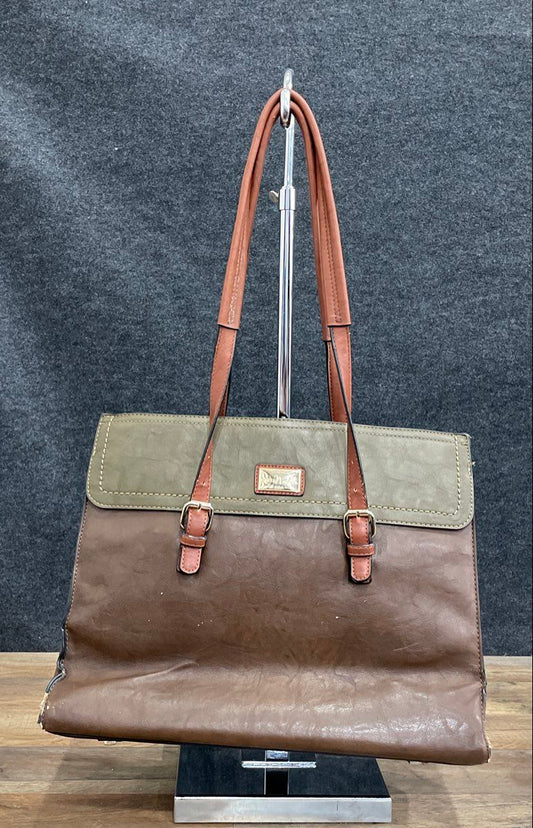 Simply Noelle Brown Green Colorblock Faux Leather Tote Shoulder Bag Large Gold