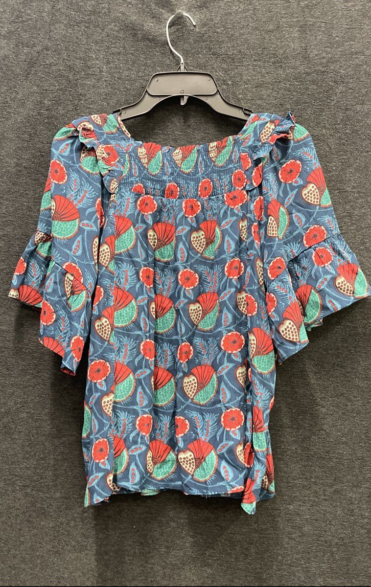 Maeve Anthropologie Women's Blue Floral Smocked Ruffle Sleeve Viscose Top Sz S