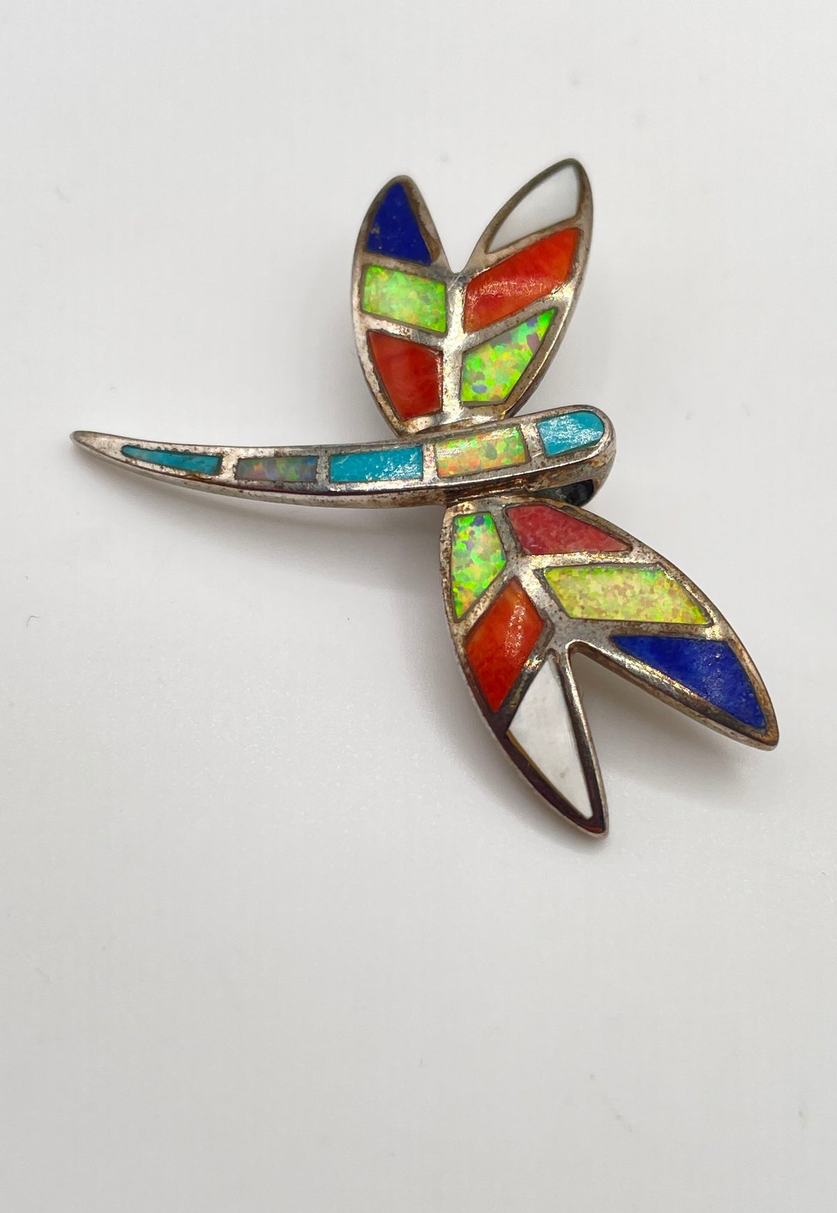925 Sterling Silver Multicolor Stone Inlay Dragonfly Pendant 4.2g