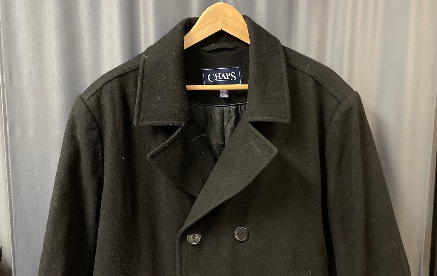 Chaps Men's Black Wool Blend Double Breasted Pea Coat Jacket Sz L