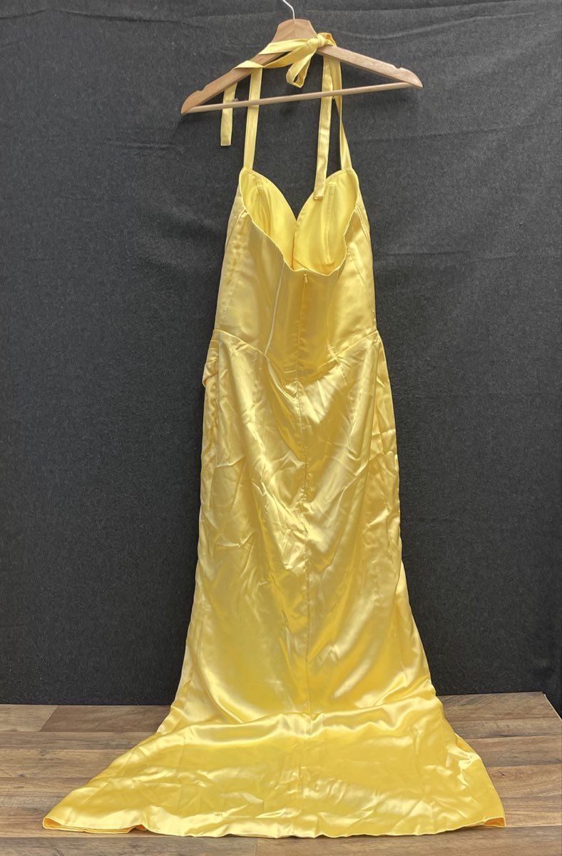 Missacc Women's Yellow Satin Halter Corset Draped Slit Maxi Dress NWT