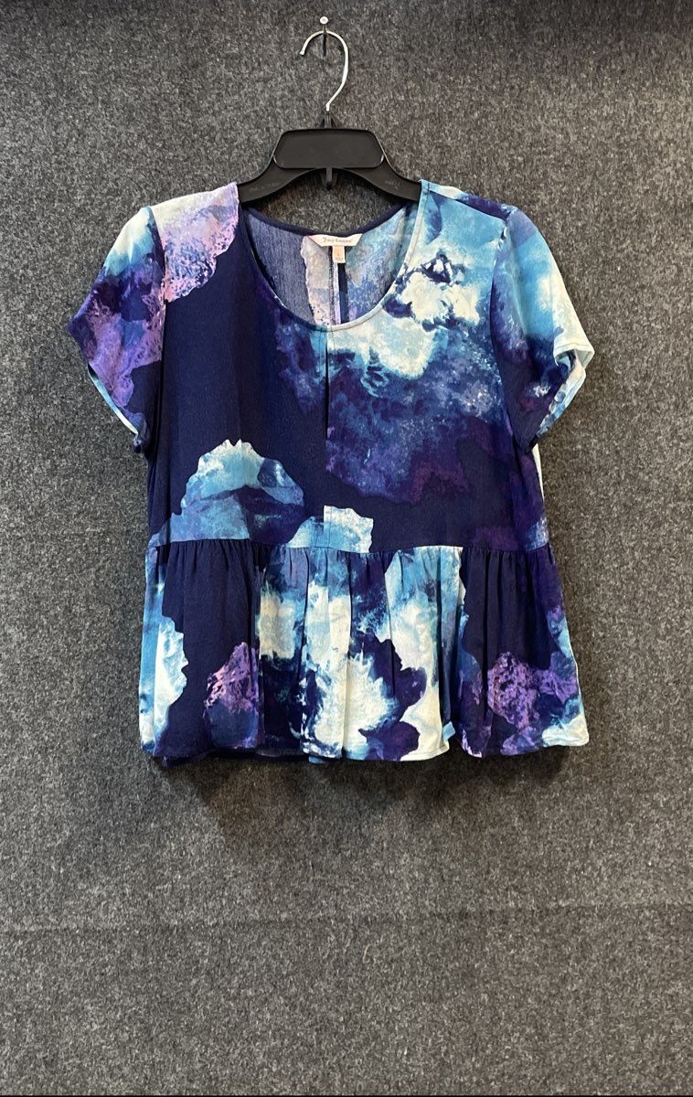 Juicy Couture Women's Blue Purple Watercolor Rayon Peplum Blouse Shirt Sz L