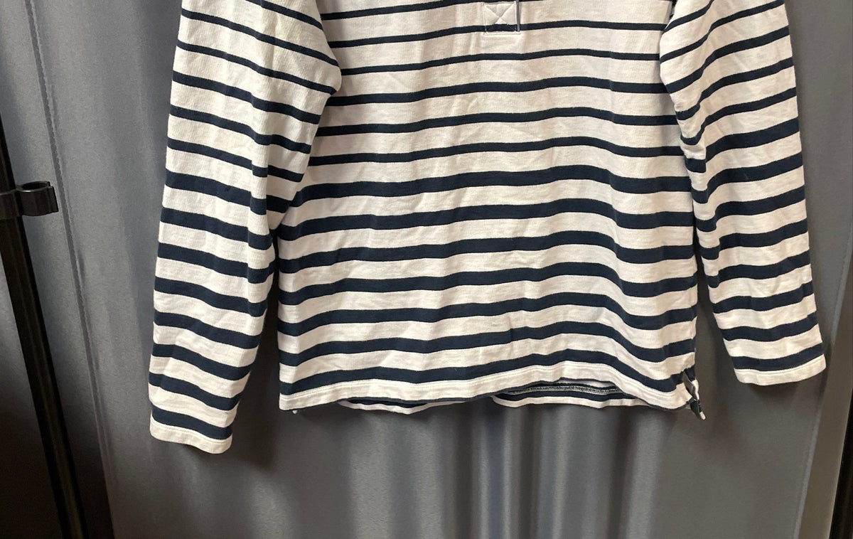 LL Bean Women's White Navy Blue Striped Long Sleeve Polo Rugby Shirt Sz M