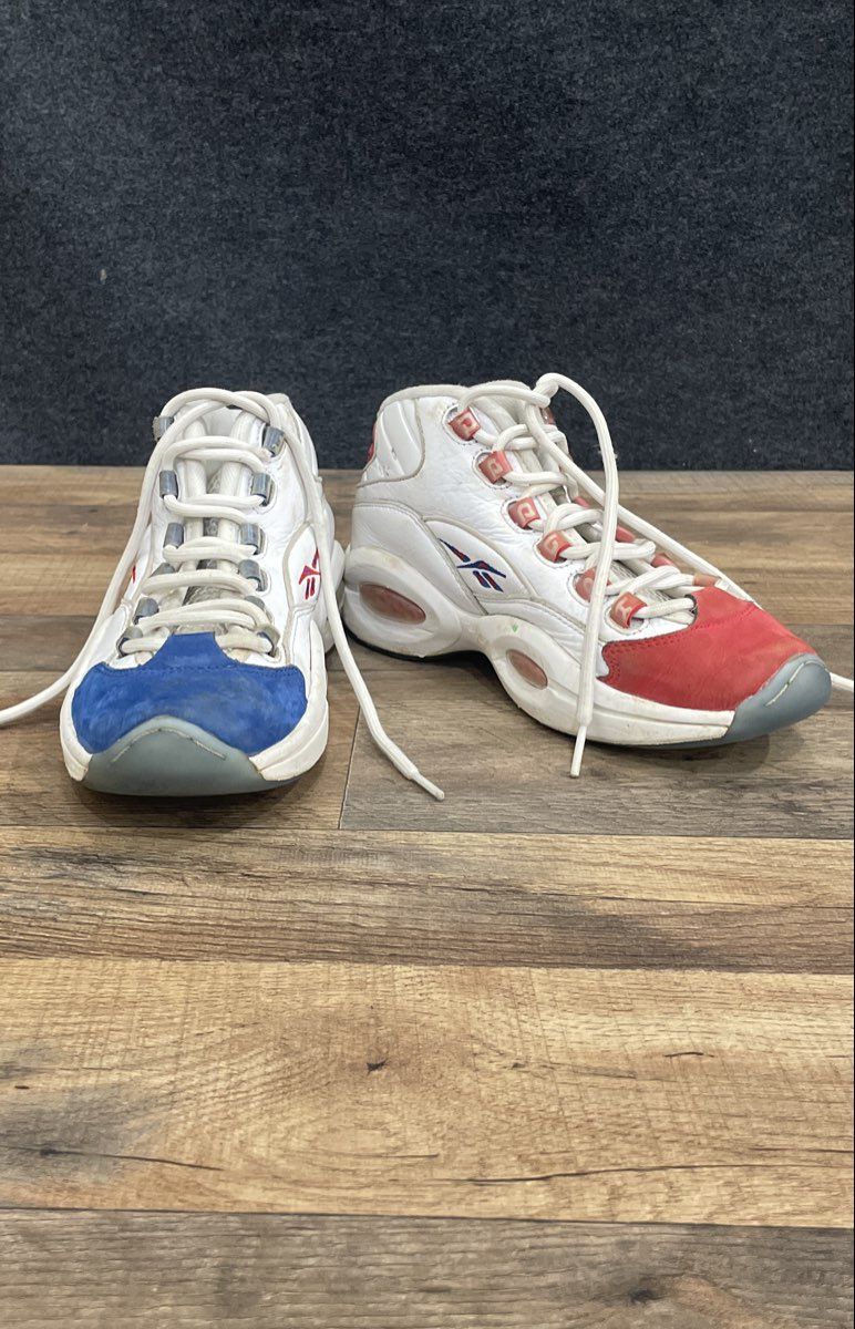 Reebok Question Mid Double Cross White Blue Red Basketball Shoes Size 5