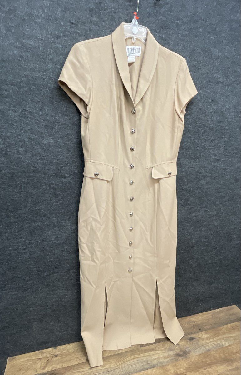 Vintage 90s Julian Taylor Women's Tan Shawl Collar Button Front Midi Dress Sz 8