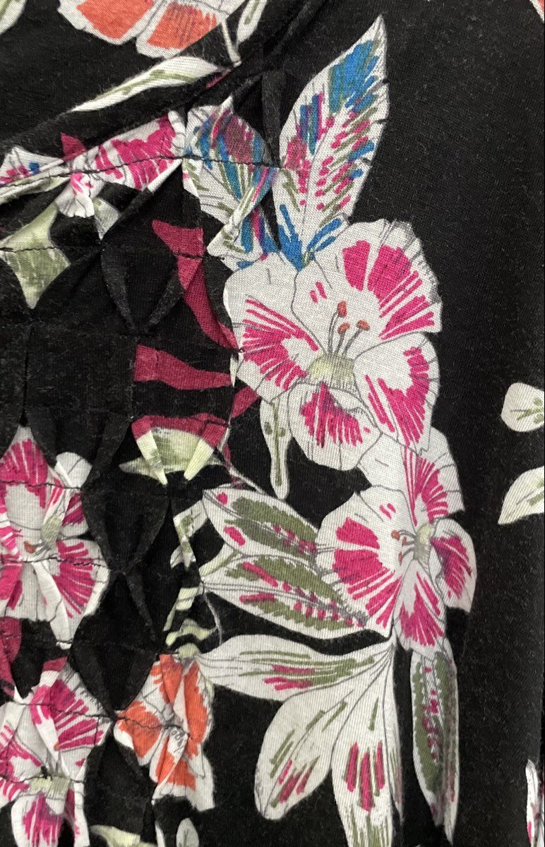 Kim Rogers Women's Black Floral Rayon Long Sleeve Smocked Button Front Top Sz XL